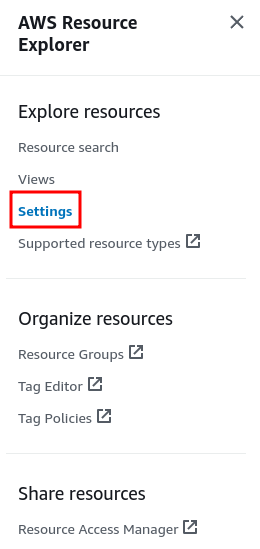 AWS resource explorer settings menu