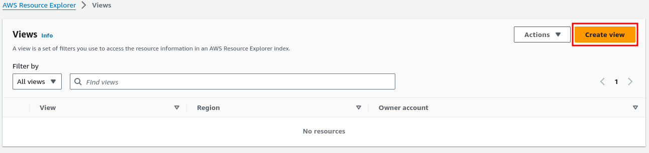 AWS resource explorer create view button