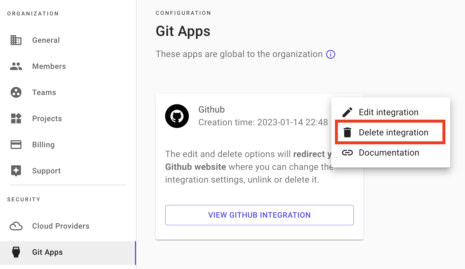 Git app delete integration