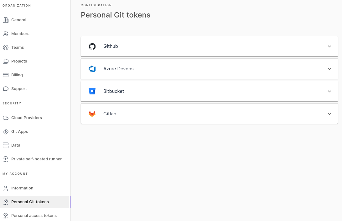 Personal git tokens page